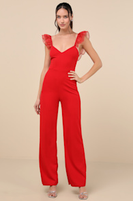 Luxe Position Red Ruffled Wide-Leg Jumpsuit