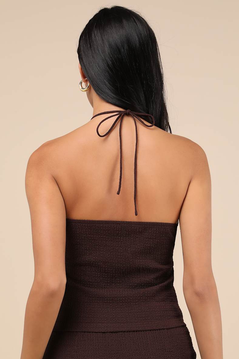 Fania Dark Brown Textured Knit Beaded Cutout Halter Crop Top