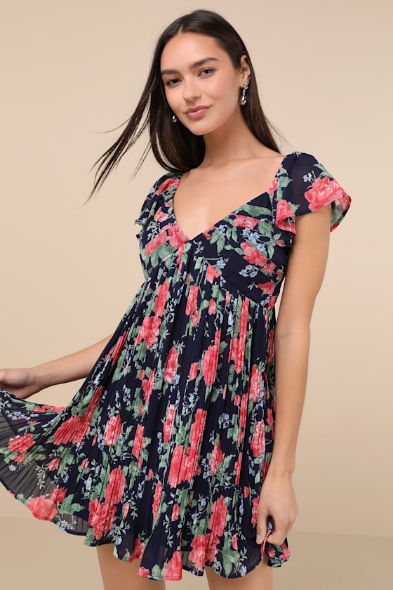 Lulus Amalfi Coast Dark Navy Floral Pleated Flutter Sleeve Mini Dress In Navy