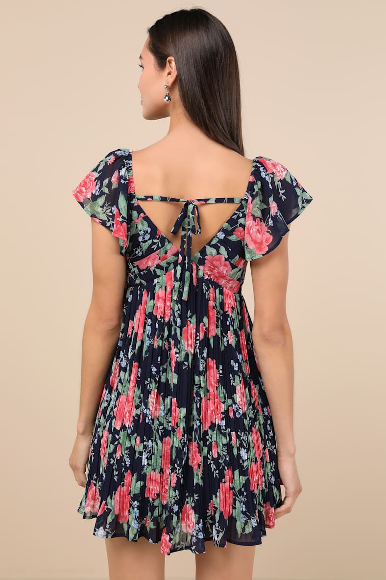 Amalfi Coast Dark Navy Floral Pleated Flutter Sleeve Mini Dress