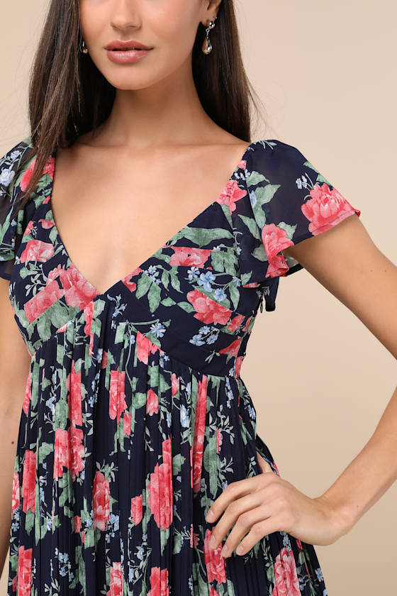 Lulus Amalfi Coast Dark Navy Floral Pleated Flutter Sleeve Mini Dress In Navy