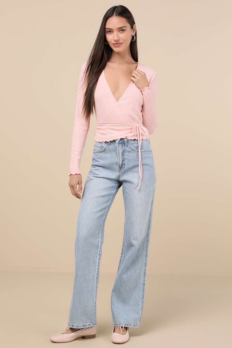 Lovable Favorite Pink Pointelle Knit Long Sleeve Wrap Top