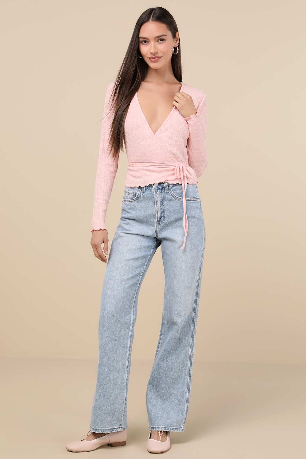Lovable Favorite Pink Pointelle Knit Long Sleeve Wrap Top