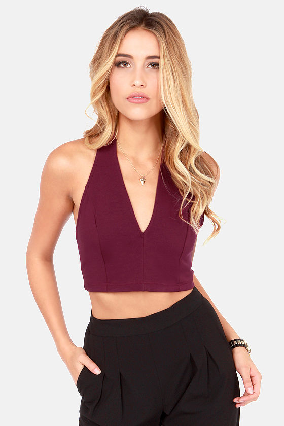 burgundy crop top outfit