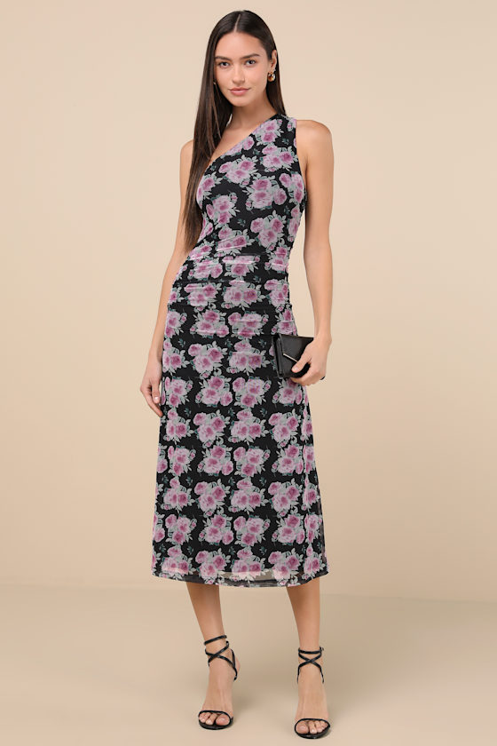 Lulus Outstanding Mood Black Floral Slinky Knit One-shoulder Dress