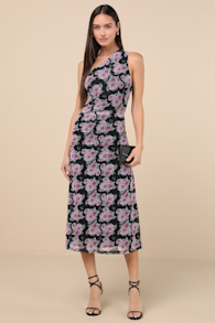 Outstanding Mood Black Floral Slinky Knit One-Shoulder Dress 4