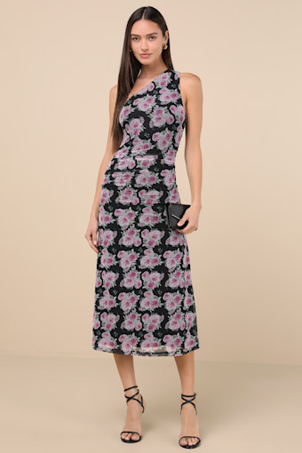 Outstanding Mood Black Floral Slinky Knit One-Shoulder Dress 4