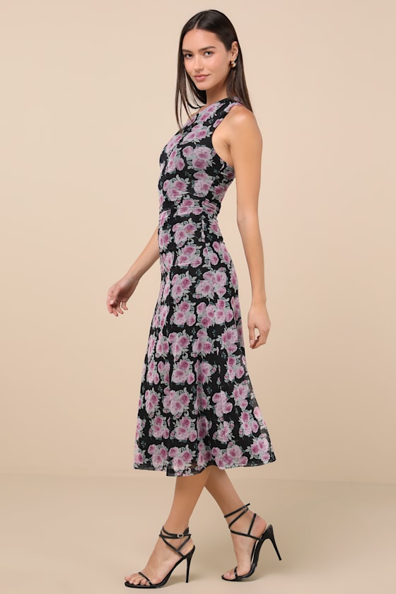 Lulus Outstanding Mood Black Floral Slinky Knit One-shoulder Dress In Black