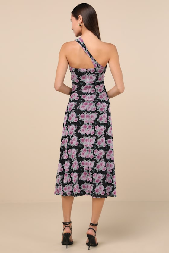 Lulus Outstanding Mood Black Floral Slinky Knit One-shoulder Dress In Black