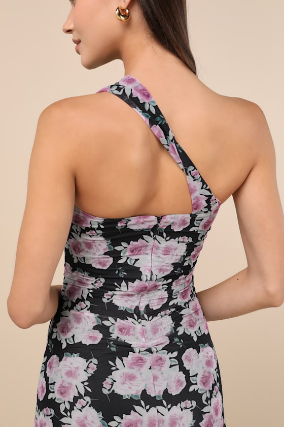 Lulus Outstanding Mood Black Floral Slinky Knit One-shoulder Dress In Black