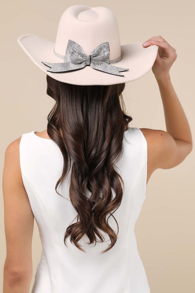 Bone Cowboy Hat - Rhinestone Bow Western Hat - Felt Cowboy  display picture 1