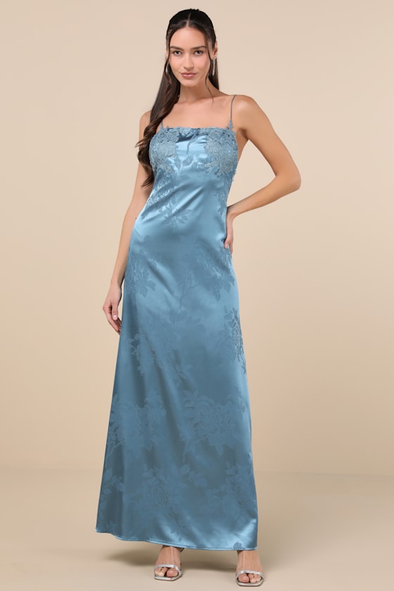 Lulus Whimsical Radiance Blue Satin Embroidered Maxi Dress In Blue