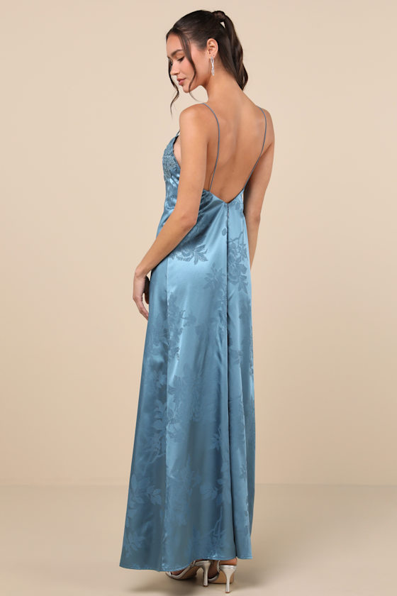 Lulus Whimsical Radiance Blue Satin Embroidered Maxi Dress In Blue