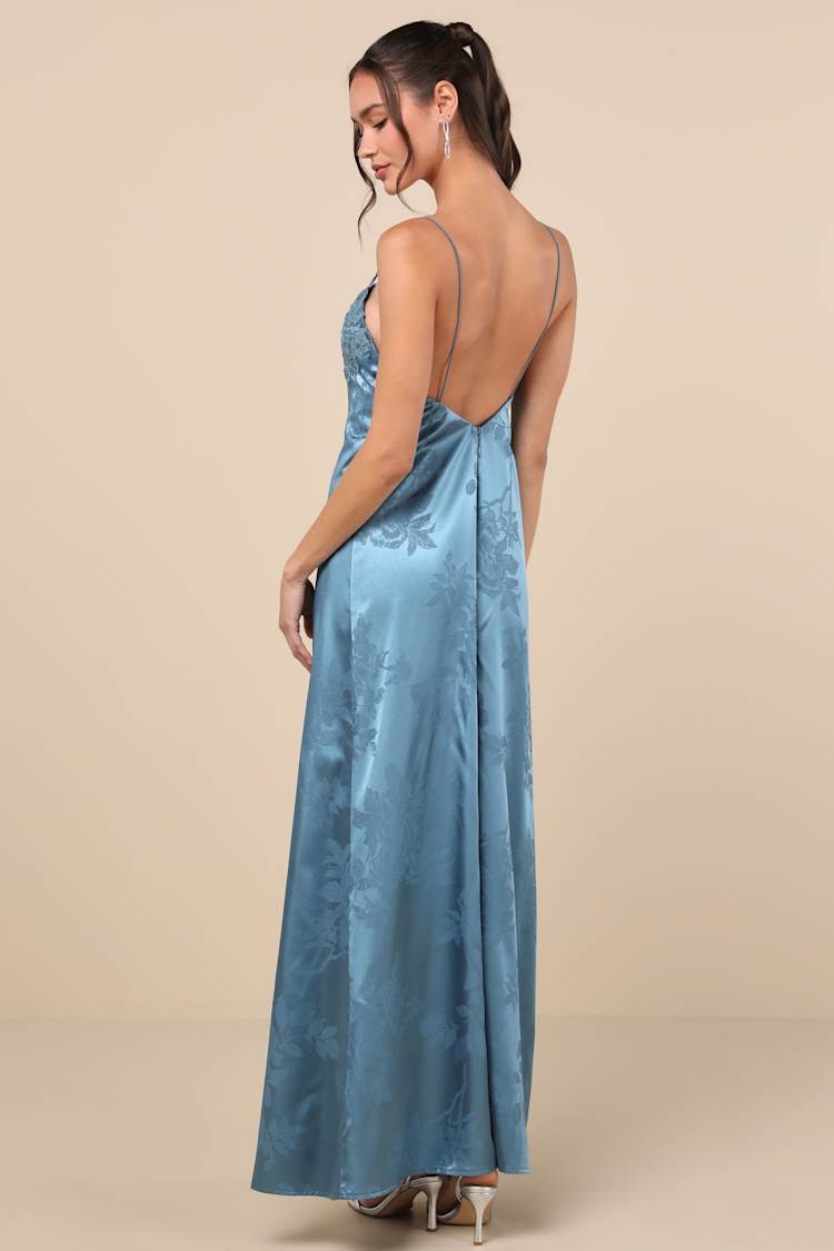 Whimsical Radiance Blue Satin Embroidered Maxi Dress