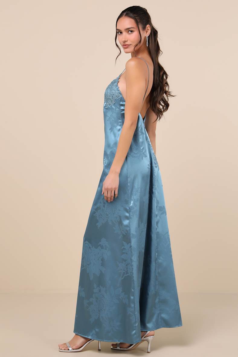 Whimsical Radiance Blue Satin Embroidered Maxi Dress