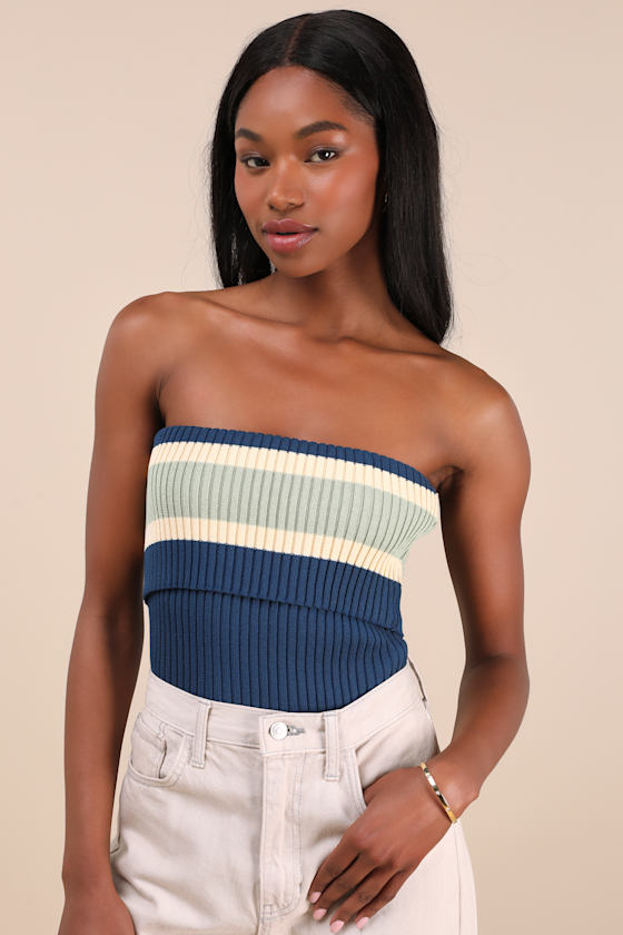 Lulus Sunny Signs Navy Striped Ribbed Knit Strapless Top In Navy