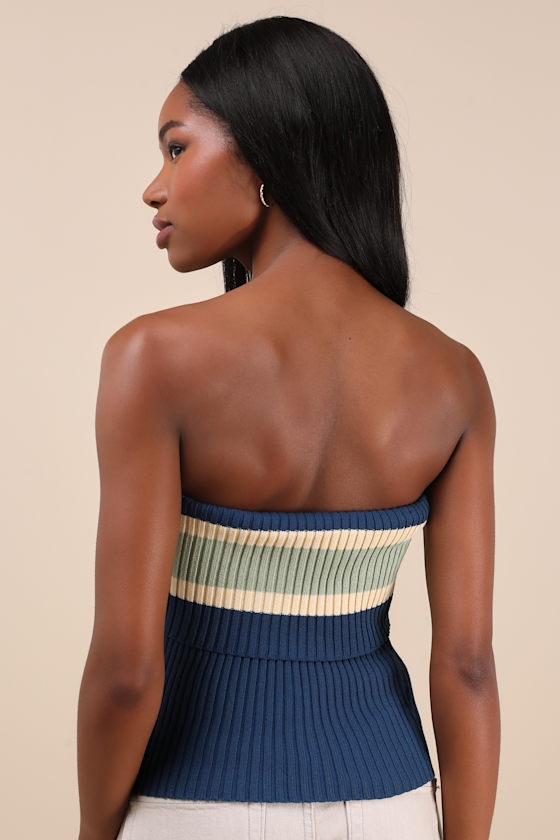 Lulus Sunny Signs Navy Striped Ribbed Knit Strapless Top In Navy