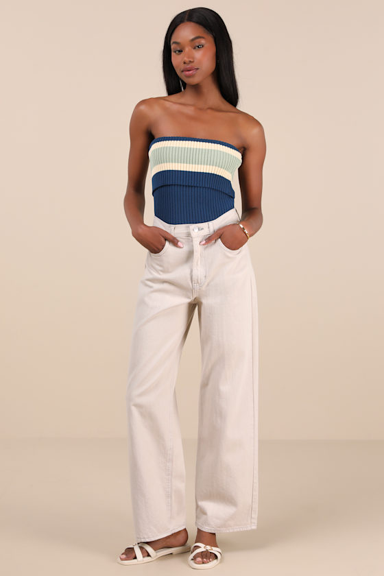 Lulus Sunny Signs Navy Striped Ribbed Knit Strapless Top In Navy