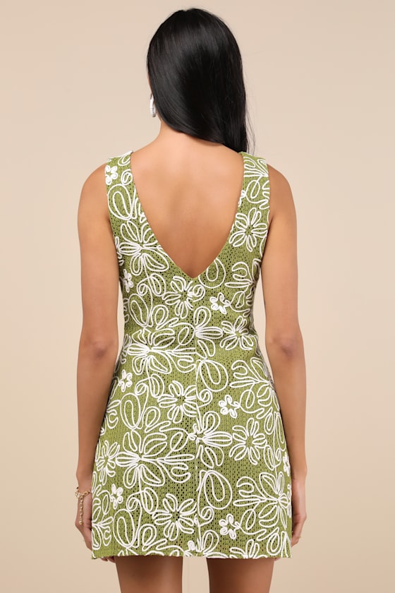 Lulus Fenicia Green Abstract Floral Embroidered Mini Dress In Green
