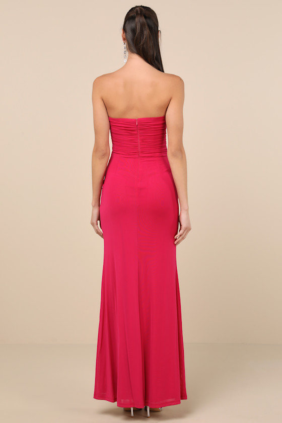 Epitome of Allure Magenta Mesh Strapless Ruched Tulip Maxi Dress 2