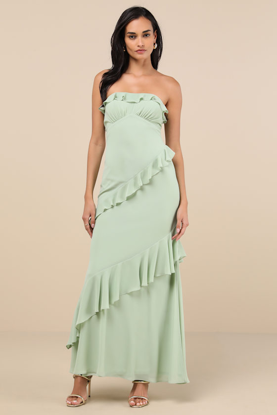 Lulus Dramatic Allure Sage Green Ruffled Cutout Strapless Maxi Dress In Sage Green