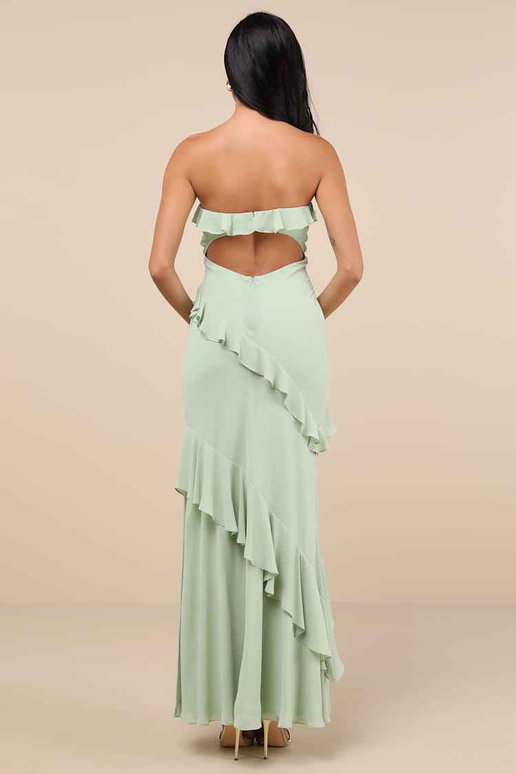 Dramatic Allure Sage Green Ruffled Cutout Strapless Maxi Dress