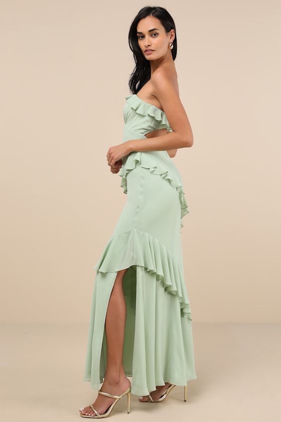 Lulus Dramatic Allure Sage Green Ruffled Cutout Strapless Maxi Dress In Sage Green