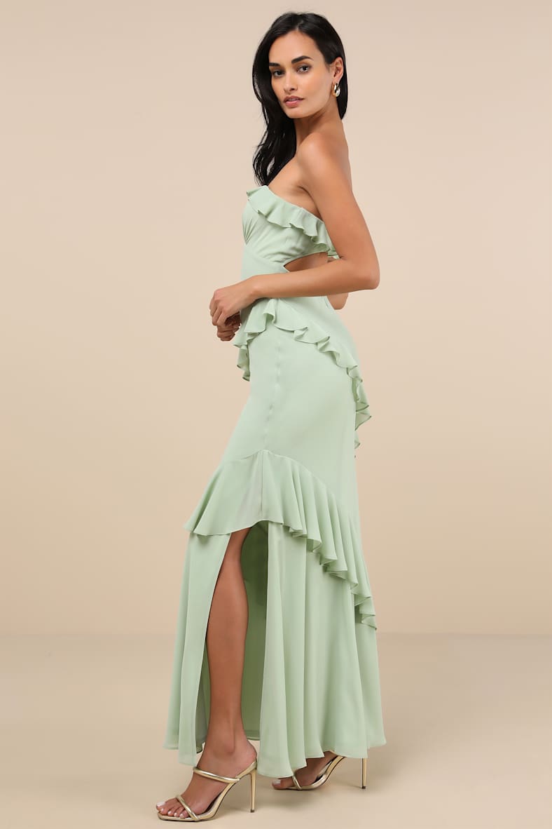Dramatic Allure Sage Green Ruffled Cutout Strapless Maxi Dress