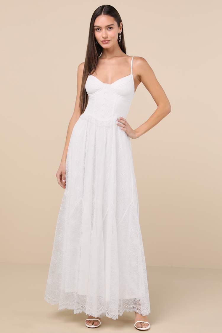chinese dress ladies A-Line Maxi Dress with Lace Corset & Sheer Tulle Overlay