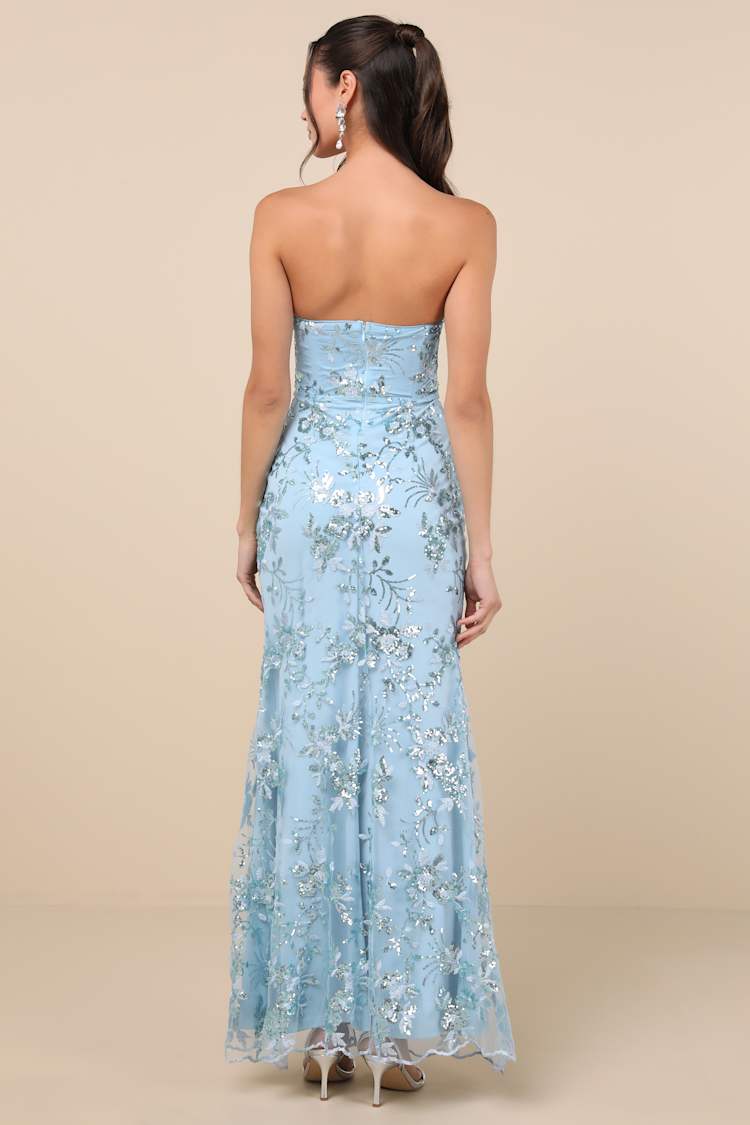 Confident Sensation Blue Sequin Strapless Bustier Maxi Dress