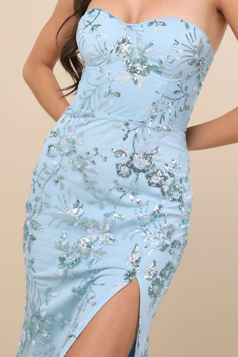 Confident Sensation Blue Sequin Strapless Bustier Maxi Dress