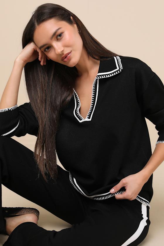 Sndys Arlington Black Embroidered Collared Sweater In Black