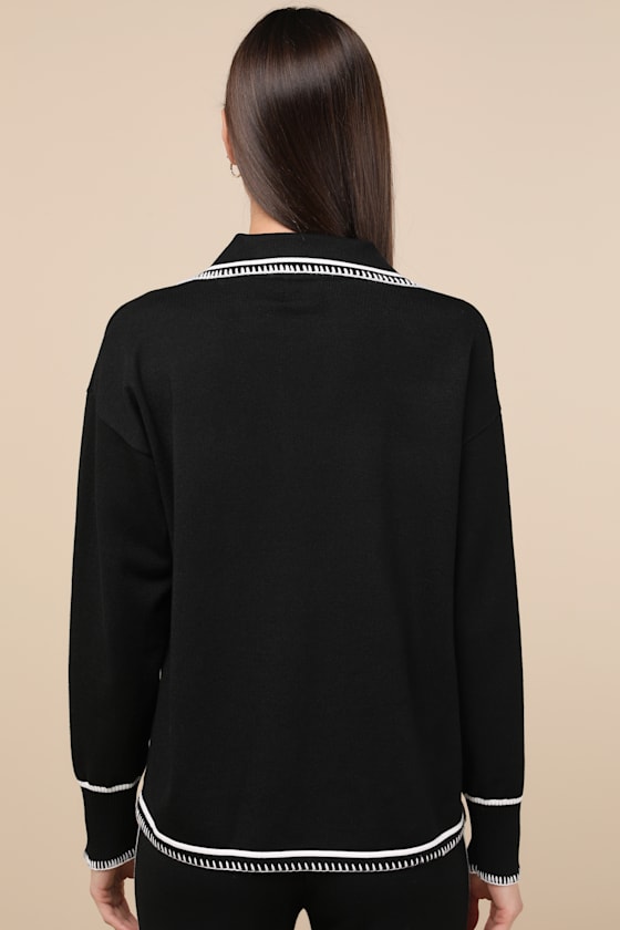 Sndys Arlington Black Embroidered Collared Sweater In Black