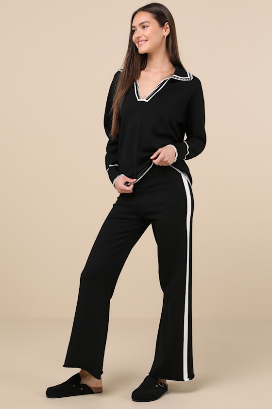 Sndys Arlington Black Embroidered Collared Sweater In Black