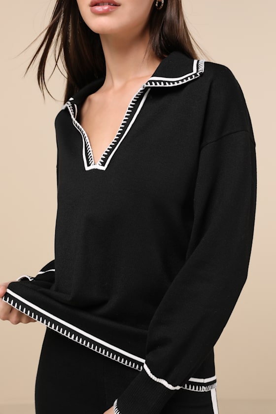 Sndys Arlington Black Embroidered Collared Sweater In Black