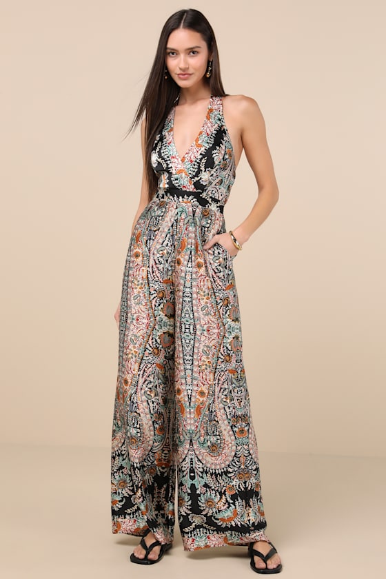 Lulus Divine Wanderings Black Scarf Print Satin Wide-leg Jumpsuit In Black