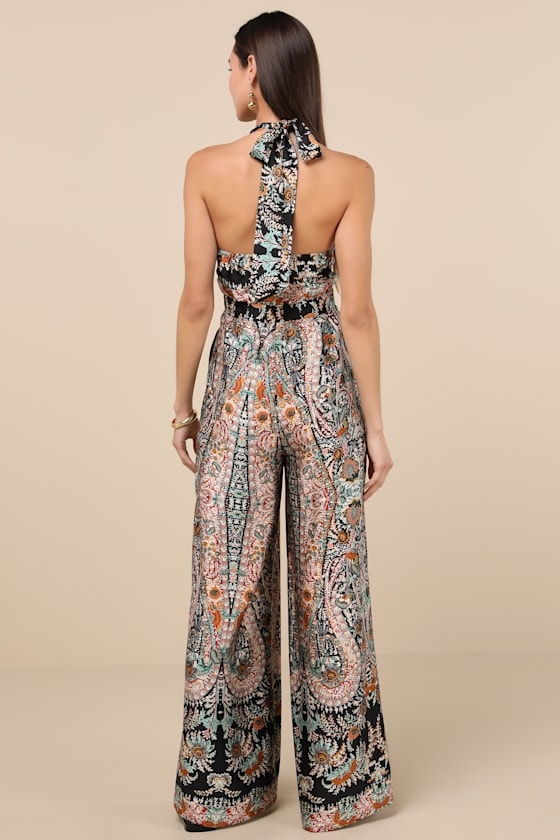 Lulus Divine Wanderings Black Scarf Print Satin Wide-leg Jumpsuit In Black
