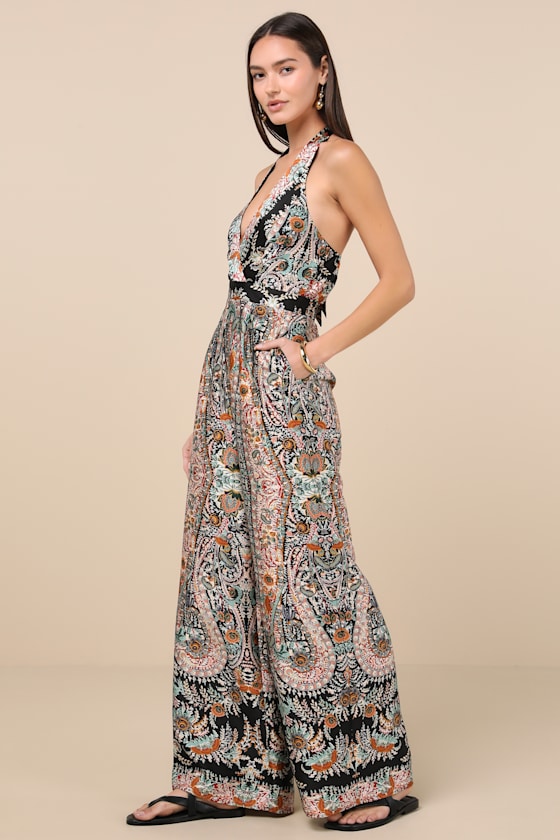 Lulus Divine Wanderings Black Scarf Print Satin Wide-leg Jumpsuit In Black