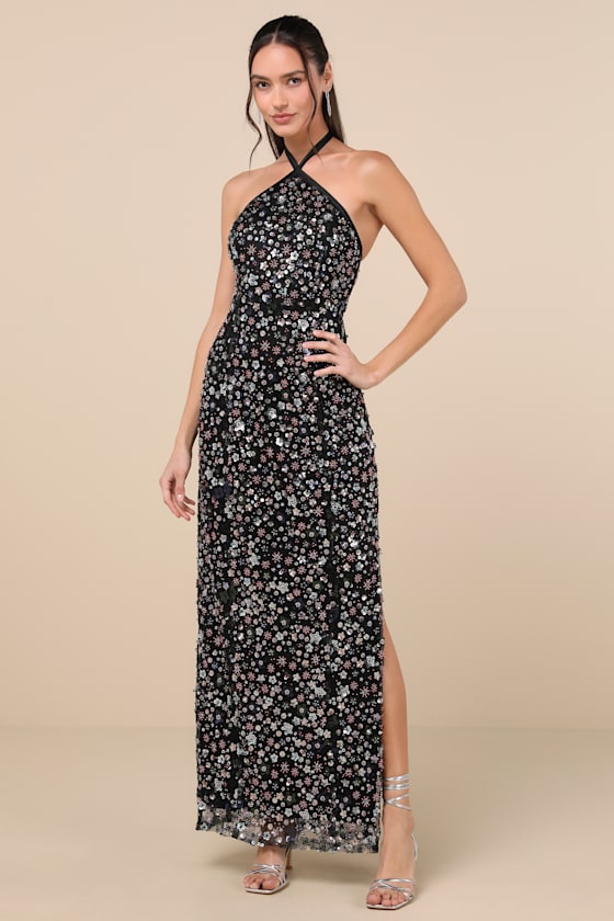LULUS EDALENE BLACK MESH SEQUIN BEADED HALTER MAXI DRESS