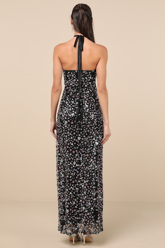 LULUS EDALENE BLACK MESH SEQUIN BEADED HALTER MAXI DRESS