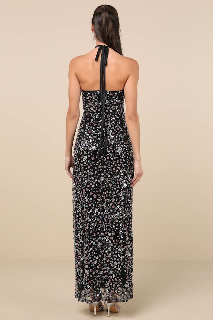 Edalene Black Mesh Sequin Beaded Halter Maxi Dress