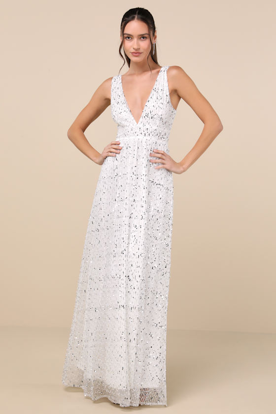 Lulus Solita White Sequin Mesh Sleeveless Maxi Dress In White
