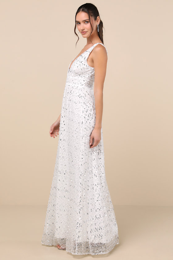 Lulus Solita White Sequin Mesh Sleeveless Maxi Dress In White