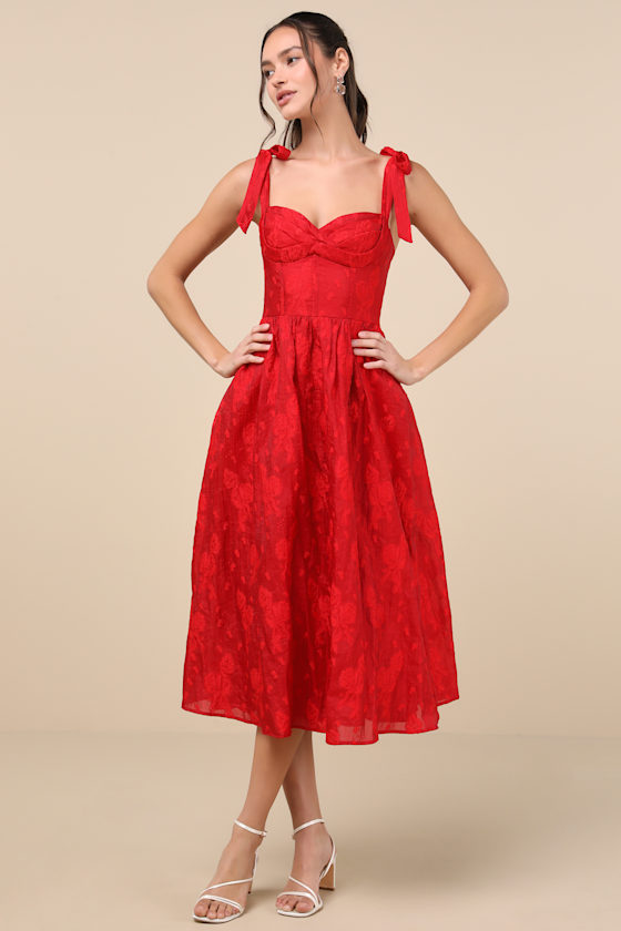 Lulus Loveliest Muse Red Burnout Floral Tie-strap Midi Dress In Red