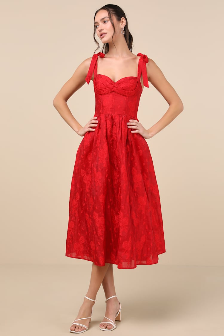 Loveliest Muse Red Burnout Floral Tie-Strap Midi Dress