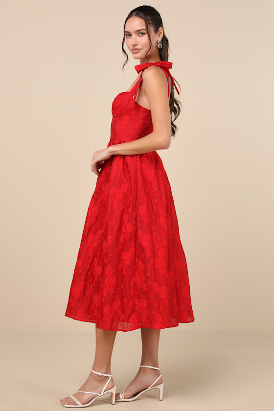 Lulus Loveliest Muse Red Burnout Floral Tie-strap Midi Dress In Red