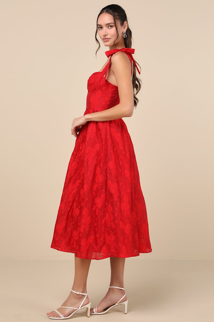 Loveliest Muse Red Burnout Floral Tie-Strap Midi Dress