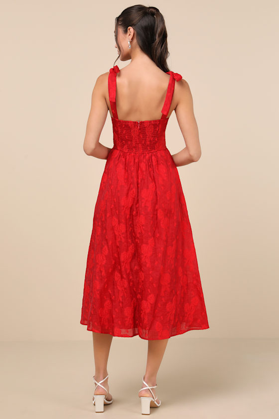 Lulus Loveliest Muse Red Burnout Floral Tie-strap Midi Dress In Red