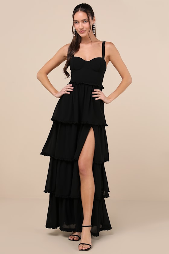 Lulus Sophisticated Occasion Black Bustier Lace-up Maxi Dress In Black