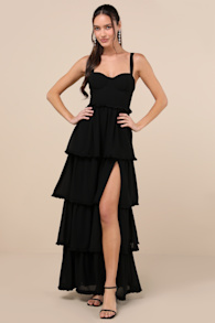 Sophisticated Occasion Black Bustier Lace-Up Maxi Dress 1